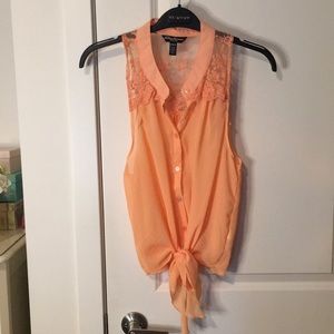 Peach Colour Lace Button Up Tank Too